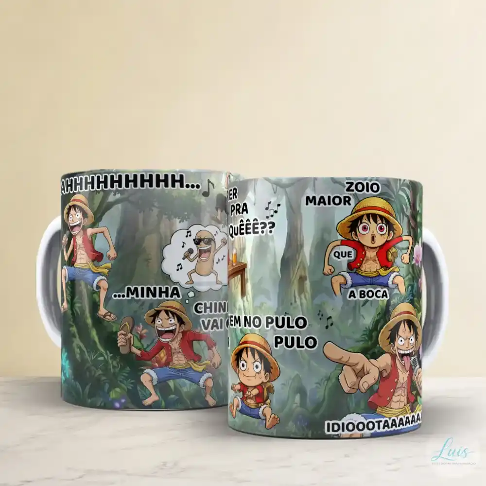 arte-para-caneca-one-piece-luffy-skypea-com-poses-exageradas-e-falas-engracadas-em-um-fundo-de-floresta Arte Para Caneca One Piece Luffy Skypea – Arquivo Digital Sublimação - Imagem 1