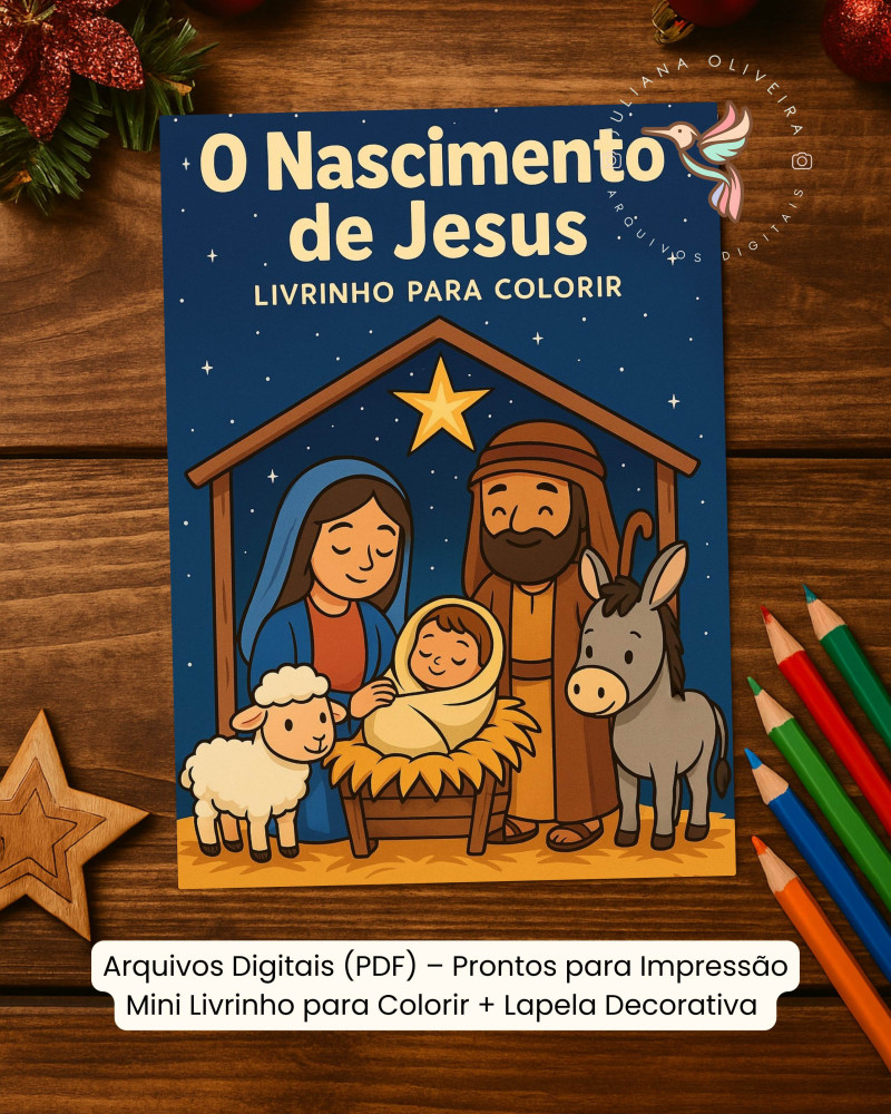 large (57) Arquivo Digital (PDF) – Livrinho para Colorir: O Nascimento de Jesus + Lapela Decorativa - Imagem 1